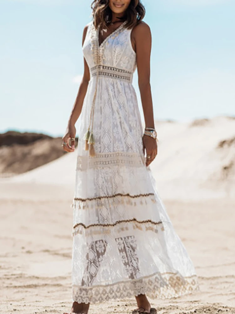 Cynthia | Comfortable Airy Boho Sleeveless V Neck Dress with Cinched Waist