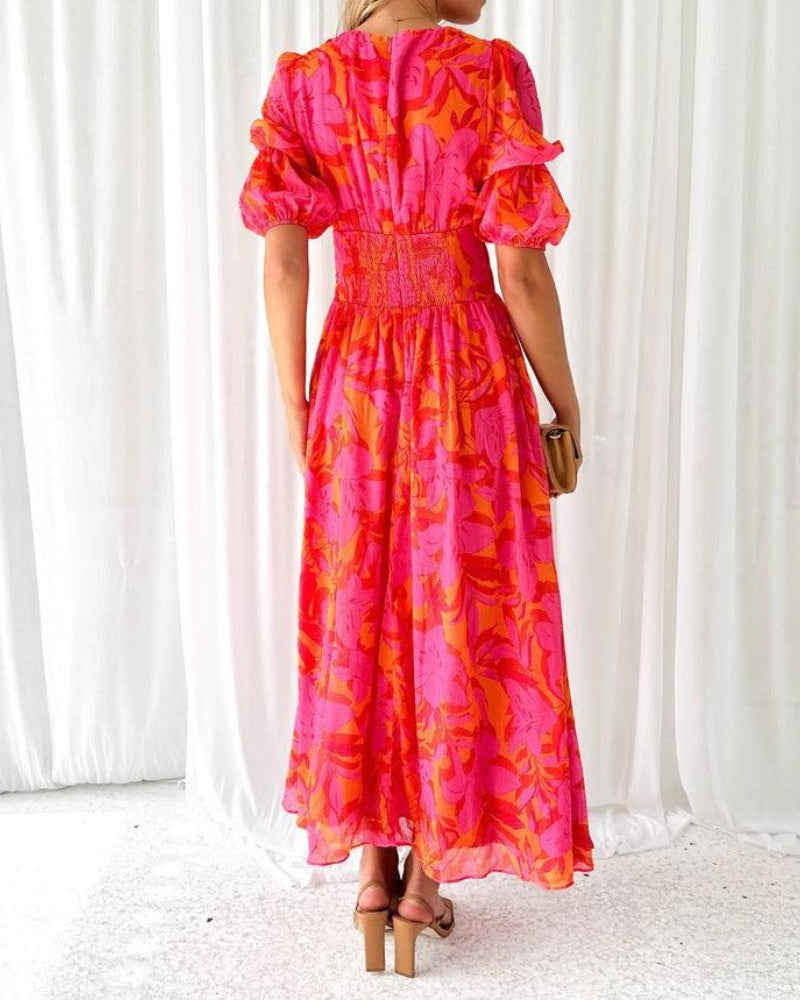 Brittany | Elegant Comfortable Puff Sleeve Maxi Dress in Red Pink