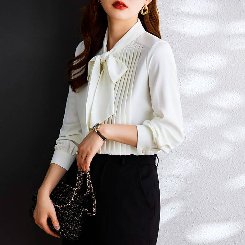 Silvia | Elegant Chiffon Bow Neck Sleeved Blouse with Buttons
