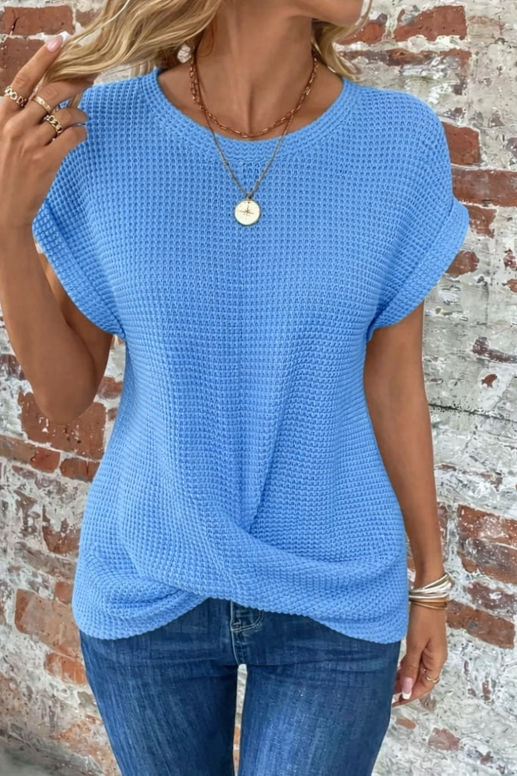 Sylvia | Relaxed Waffle Knit Shirt Top with Front Twist and Rolled Sleeves