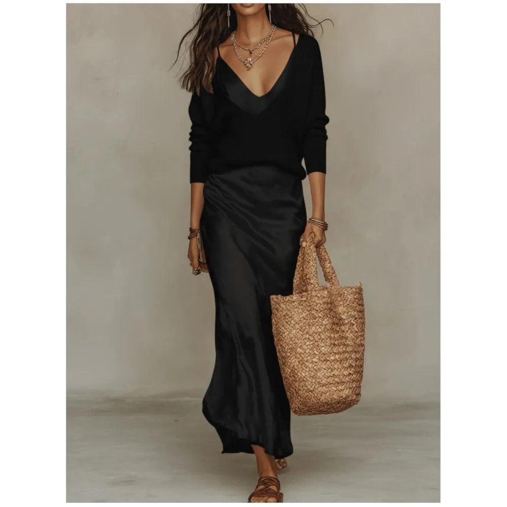 Valencia | 2-Piece Soft Knit Upper Shirt with Elegant V Neck Satin Midi Dress