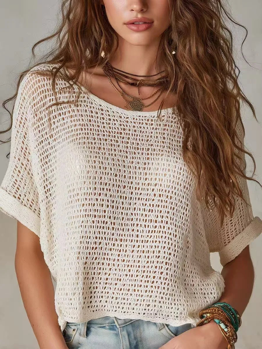 Delilah | Breatheable Short Sleeve Crochet Top with Open Knit Texture