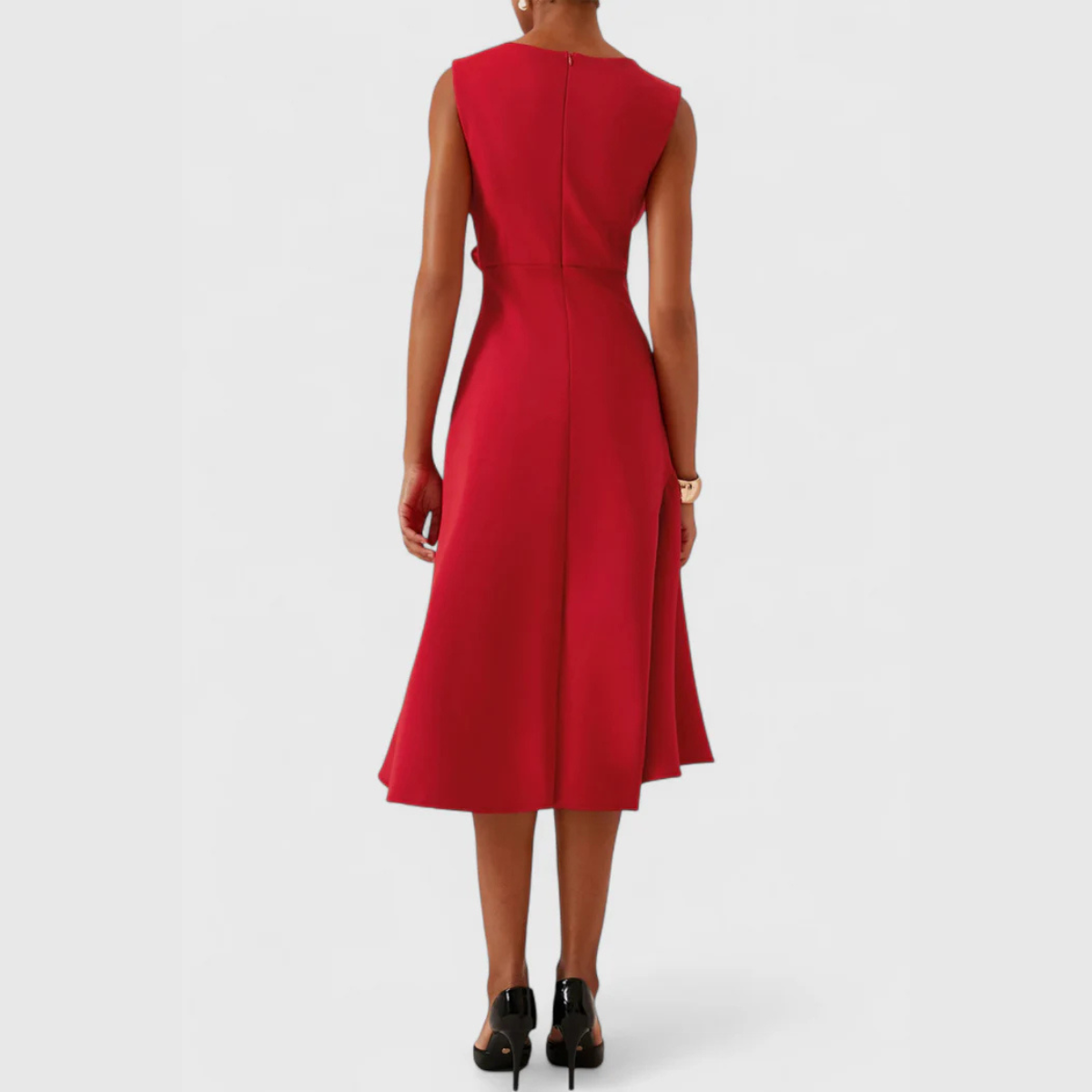 Sheila | Elegant Asymmetric Draped Midi Dress with Sleeveless Cut