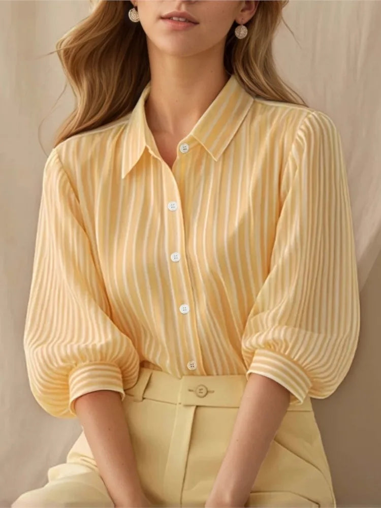 Rosalinda | Classy Striped Puff Sleeved Button Down Shirt for Everyday