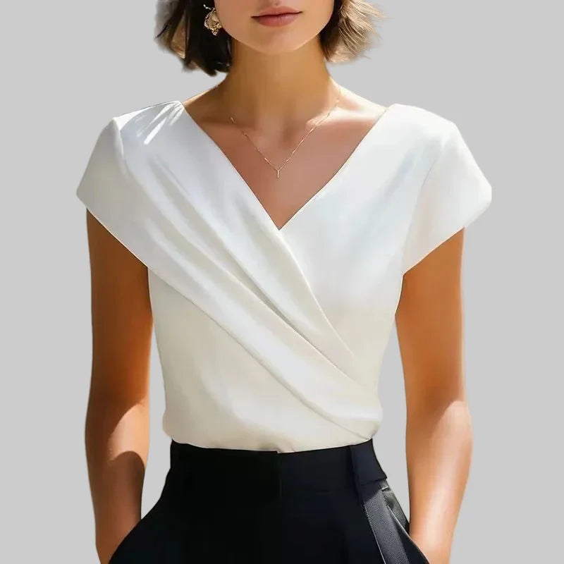 Viviana | Effortlessly Elegant Wrap Front V Neck Blouse Shirt with Short Sleeves