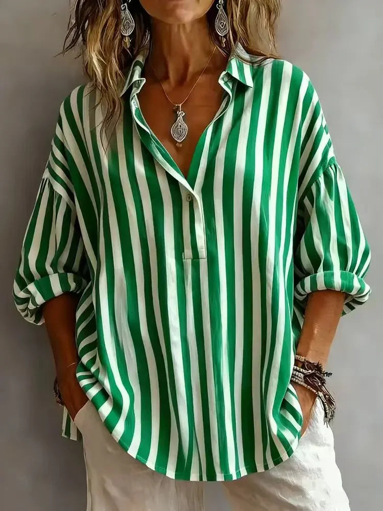 Emmeline | Relaxed Striped V Neck Blouse with Rolled Long Sleeves