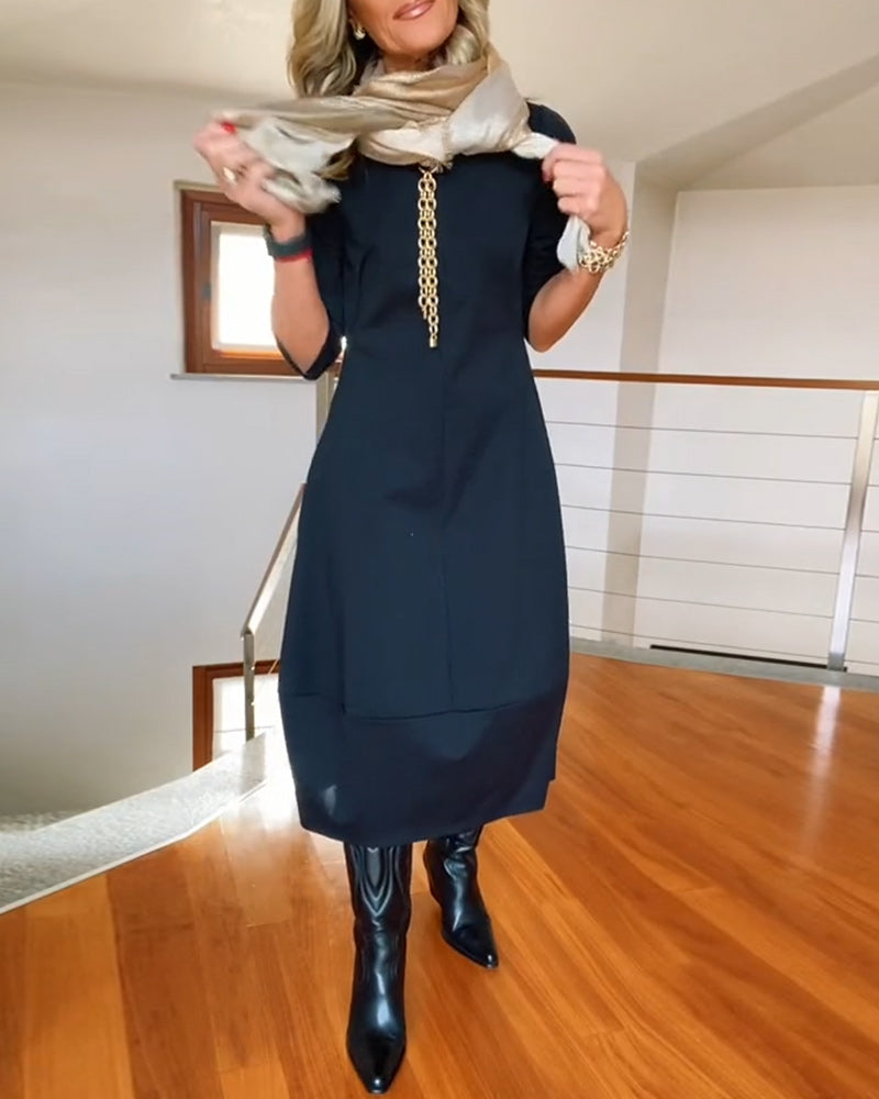 Seraphina | Elegant Slim Fit Work Midi Dress with Full-Length Drape and Sleeves