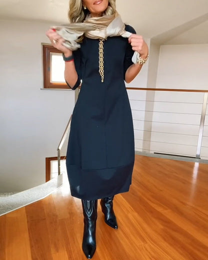 Seraphina | Elegant Slim Fit Work Midi Dress with Full-Length Drape and Sleeves