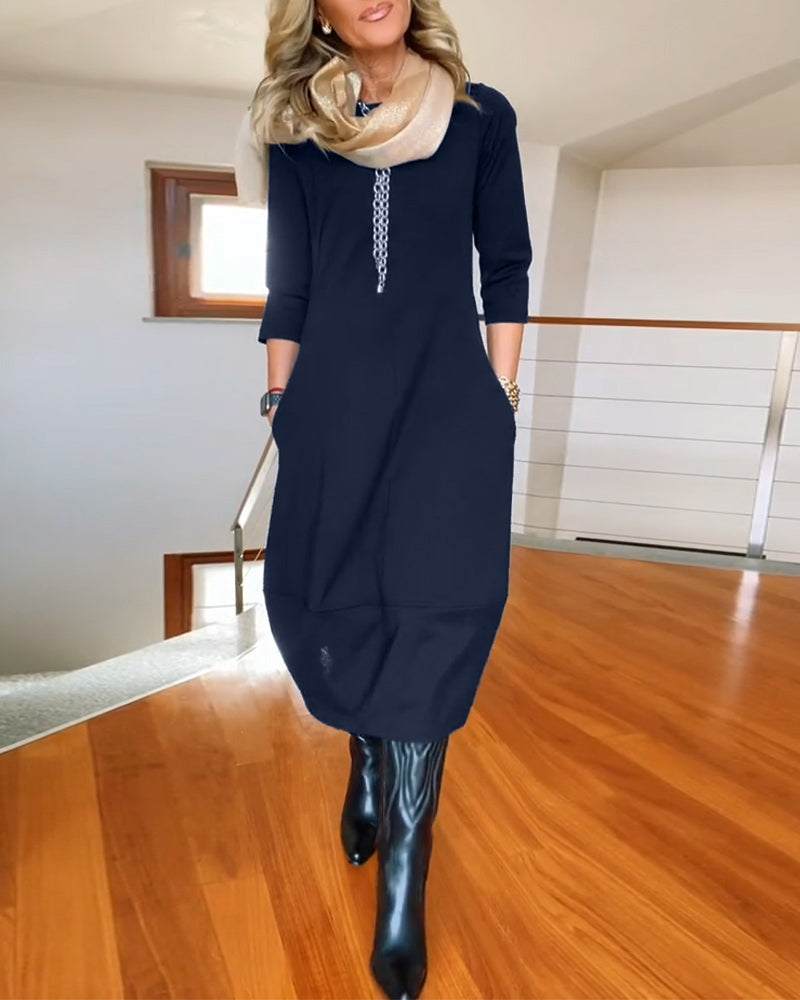 Seraphina | Elegant Slim Fit Work Midi Dress with Full-Length Drape and Sleeves