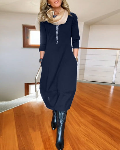 Seraphina | Elegant Slim Fit Work Midi Dress with Full-Length Drape and Sleeves