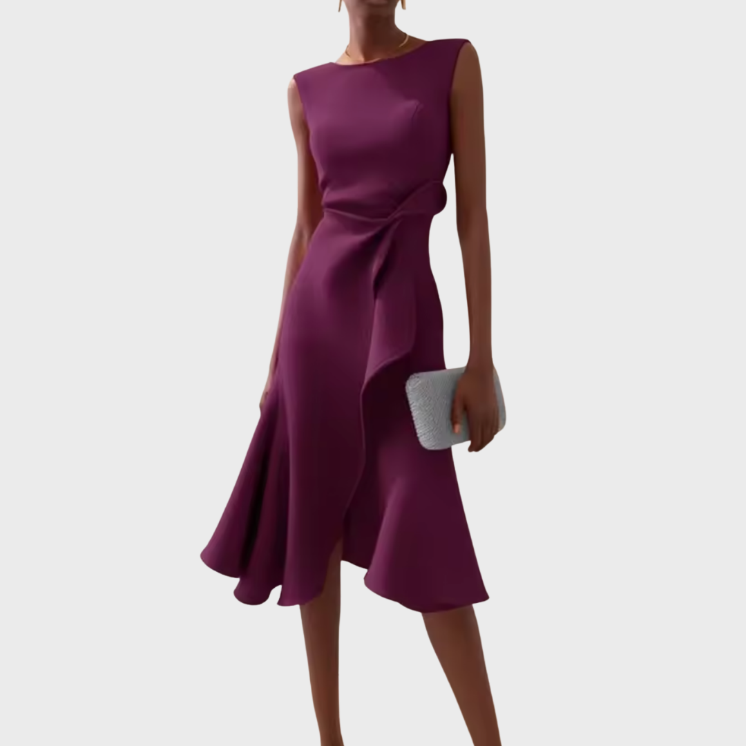 Sheila | Elegant Asymmetric Draped Midi Dress with Sleeveless Cut