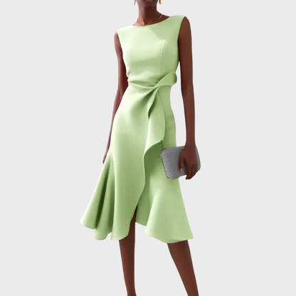 Sheila | Elegant Asymmetric Draped Midi Dress with Sleeveless Cut