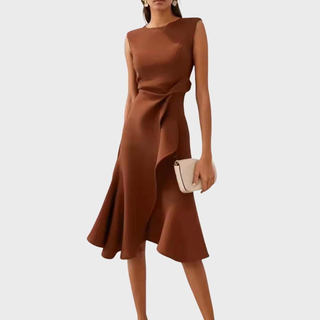 Sheila | Elegant Asymmetric Draped Midi Dress with Sleeveless Cut