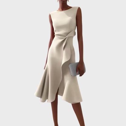 Sheila | Elegant Asymmetric Draped Midi Dress with Sleeveless Cut