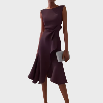 Sheila | Elegant Asymmetric Draped Midi Dress with Sleeveless Cut