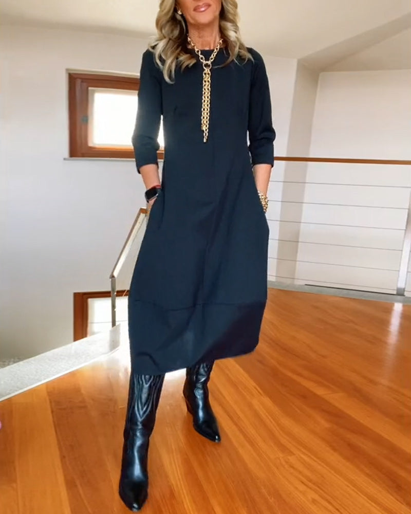 Seraphina | Elegant Slim Fit Work Midi Dress with Full-Length Drape and Sleeves