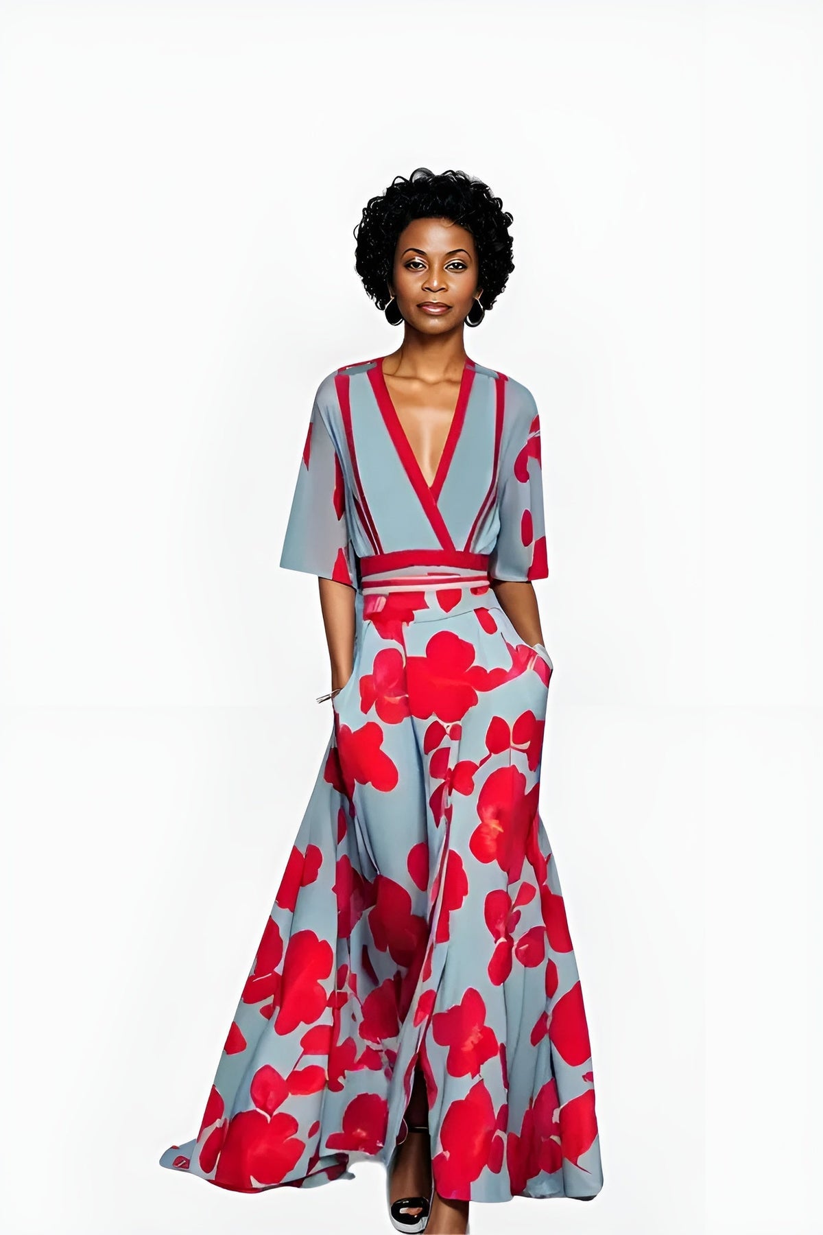 Florita | Graceful Floral Half Sleeve Wrap Dress with Waist-Defining Silhouette