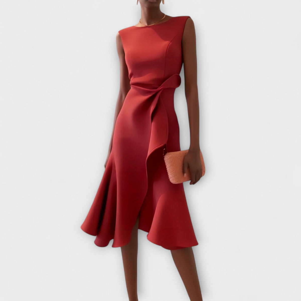 Sheila | Elegant Asymmetric Draped Midi Dress with Sleeveless Cut