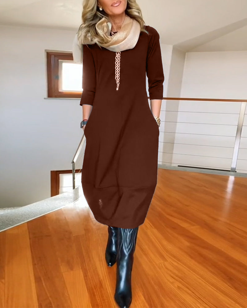 Seraphina | Elegant Slim Fit Work Midi Dress with Full-Length Drape and Sleeves