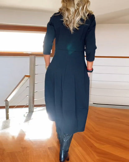 Seraphina | Elegant Slim Fit Work Midi Dress with Full-Length Drape and Sleeves