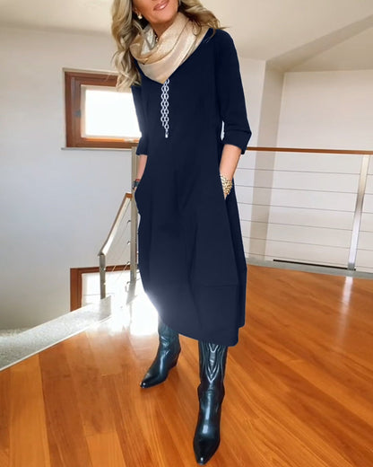 Seraphina | Elegant Slim Fit Work Midi Dress with Full-Length Drape and Sleeves