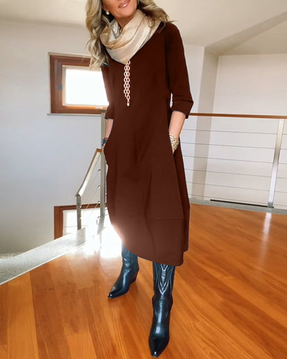 Seraphina | Elegant Slim Fit Work Midi Dress with Full-Length Drape and Sleeves