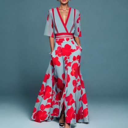 Florita | Graceful Floral Half Sleeve Wrap Dress with Waist-Defining Silhouette