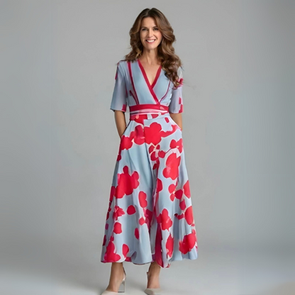 Florita | Graceful Floral Half Sleeve Wrap Dress with Waist-Defining Silhouette