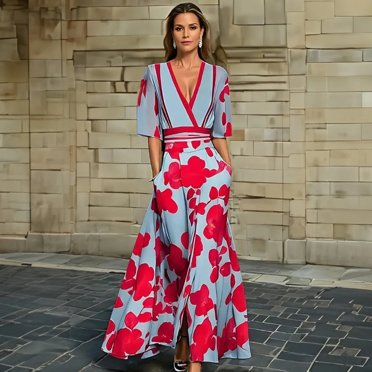 Florita | Graceful Floral Half Sleeve Wrap Dress with Waist-Defining Silhouette