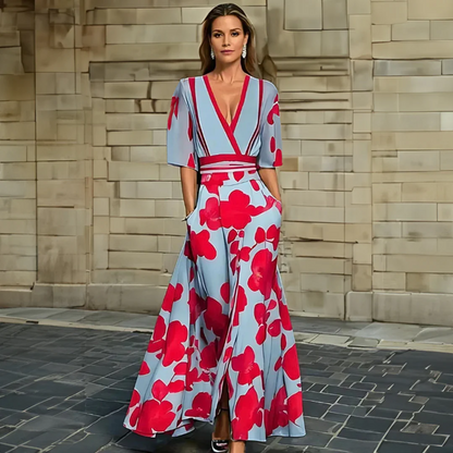 Florita | Graceful Floral Half Sleeve Wrap Dress with Waist-Defining Silhouette