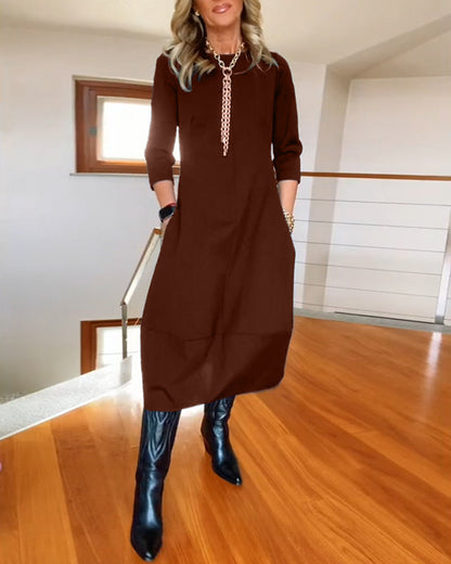 Seraphina | Elegant Slim Fit Work Midi Dress with Full-Length Drape and Sleeves