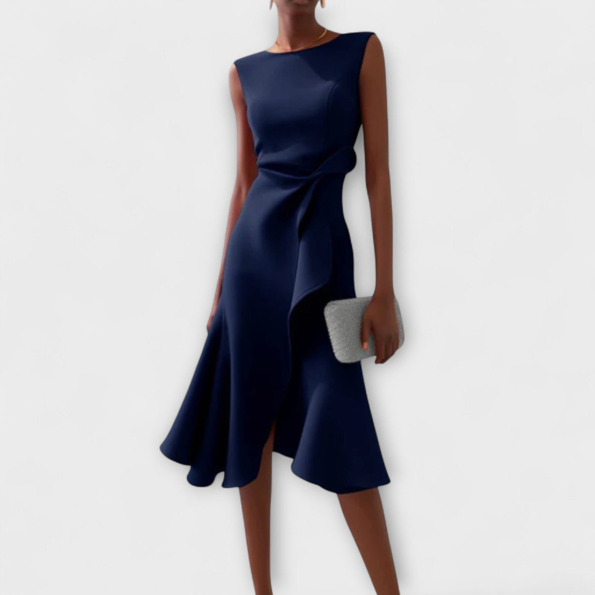 Sheila | Elegant Asymmetric Draped Midi Dress with Sleeveless Cut