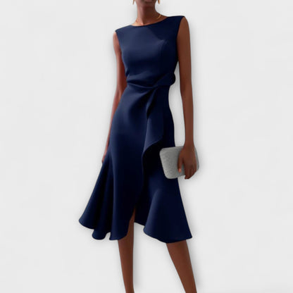 Sheila | Elegant Asymmetric Draped Midi Dress with Sleeveless Cut