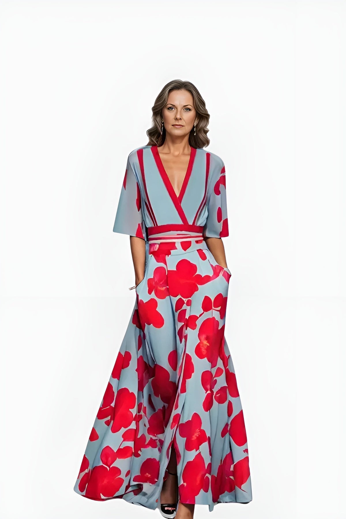 Florita | Graceful Floral Half Sleeve Wrap Dress with Waist-Defining Silhouette