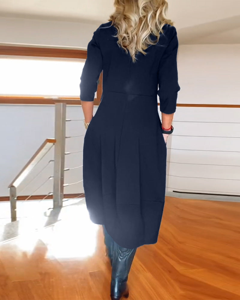 Seraphina | Elegant Slim Fit Work Midi Dress with Full-Length Drape and Sleeves