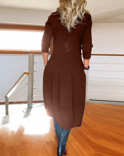 Seraphina | Elegant Slim Fit Work Midi Dress with Full-Length Drape and Sleeves