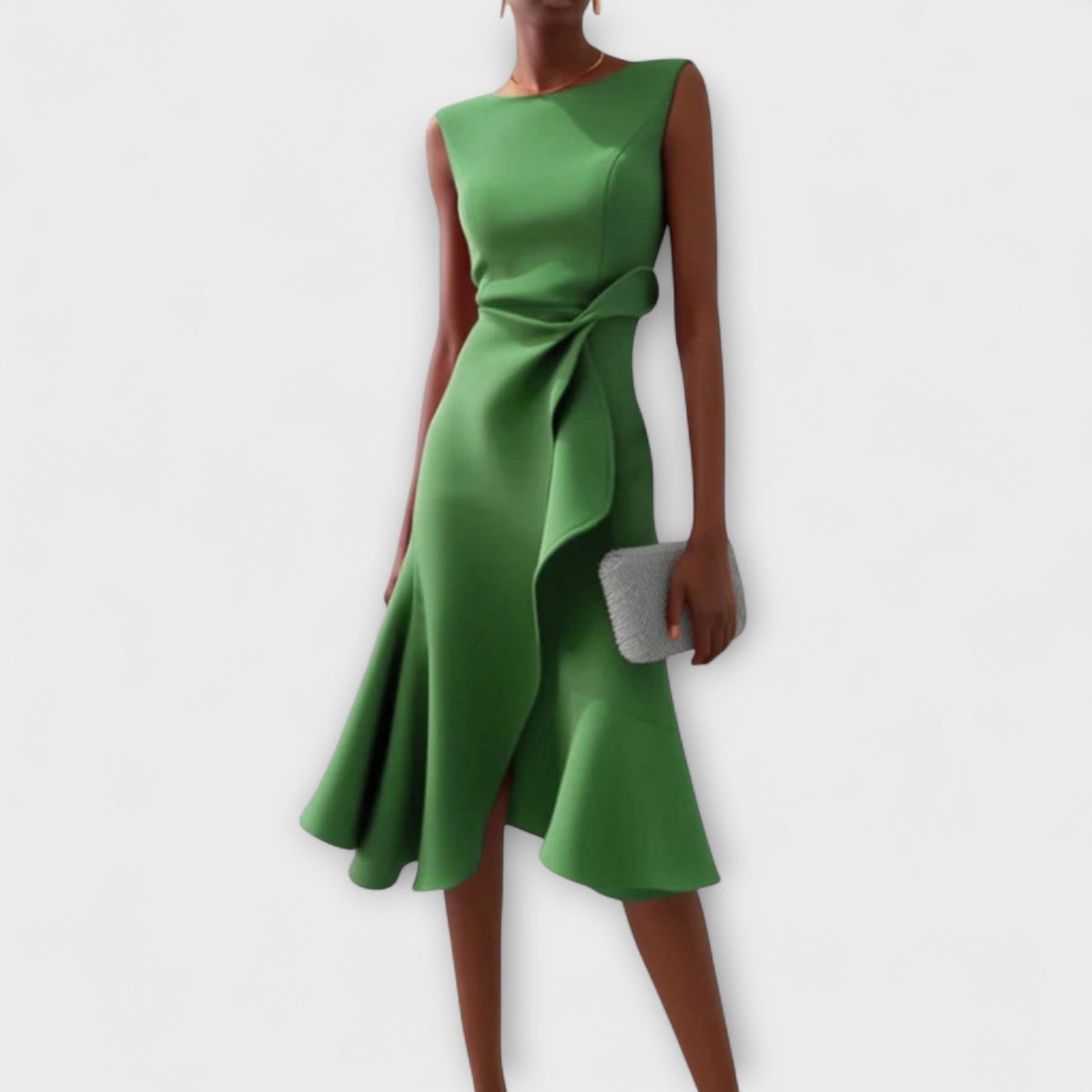 Sheila | Elegant Asymmetric Draped Midi Dress with Sleeveless Cut