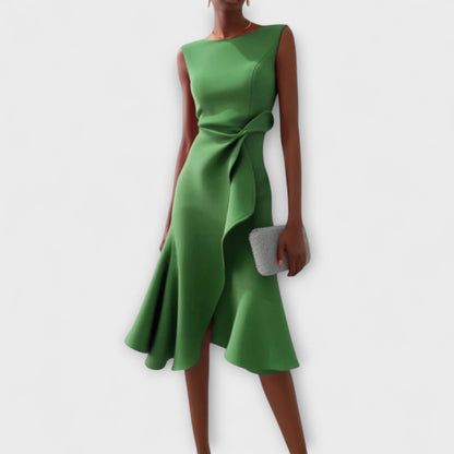 Sheila | Elegant Asymmetric Draped Midi Dress with Sleeveless Cut