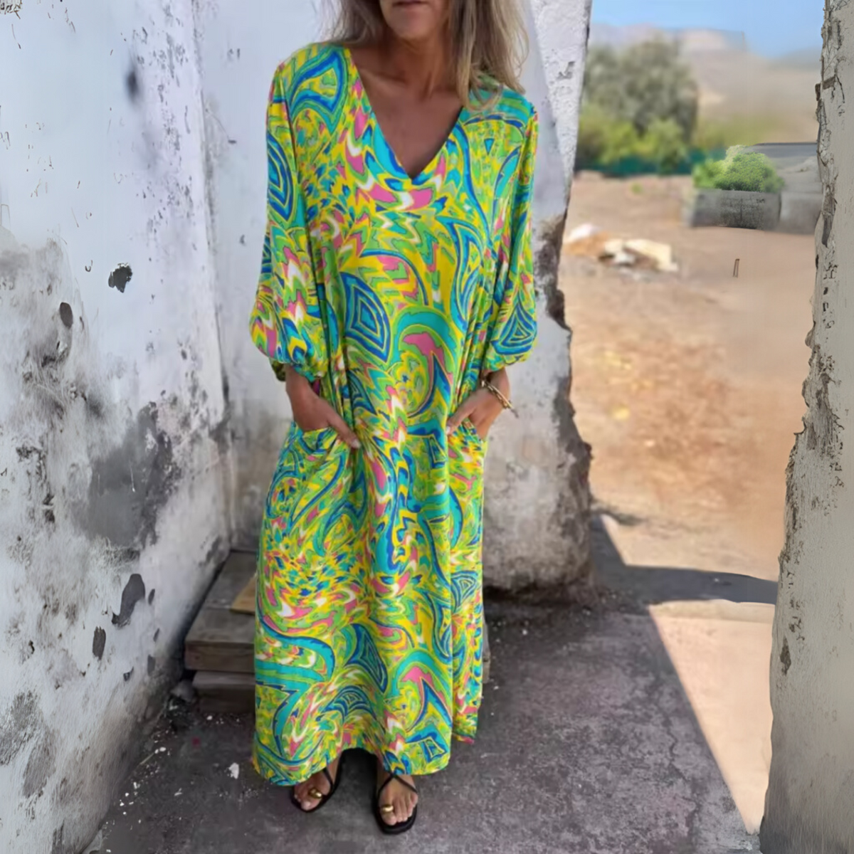 Andreas | Effortless Printed Long Sleeve V Neck Dress with Sleeved Elastic Cuffs