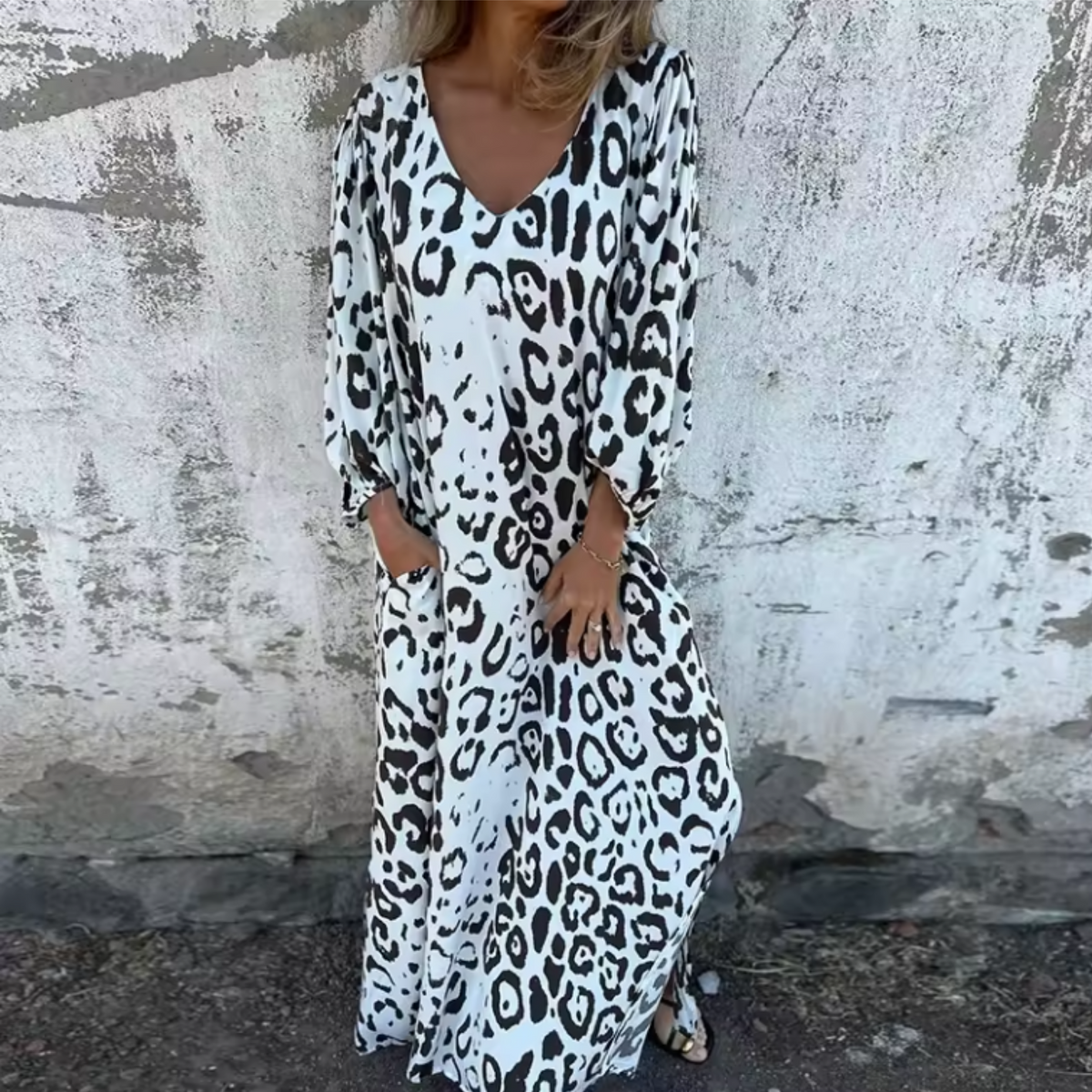 Andreas | Effortless Printed Long Sleeve V Neck Dress with Sleeved Elastic Cuffs