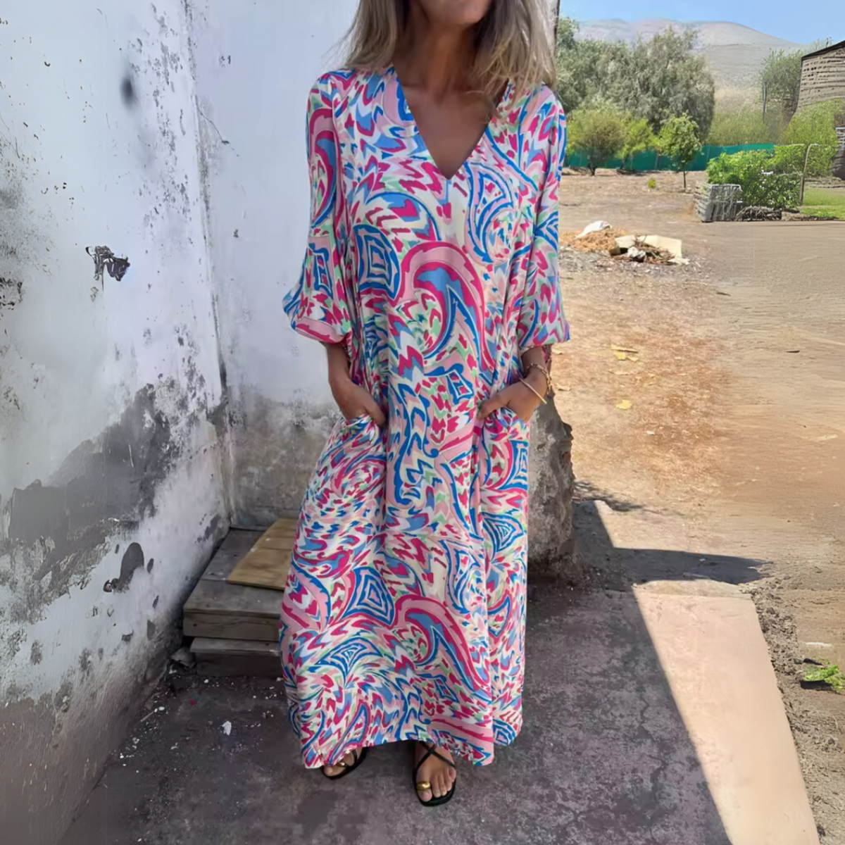 Andreas | Effortless Printed Long Sleeve V Neck Dress with Sleeved Elastic Cuffs