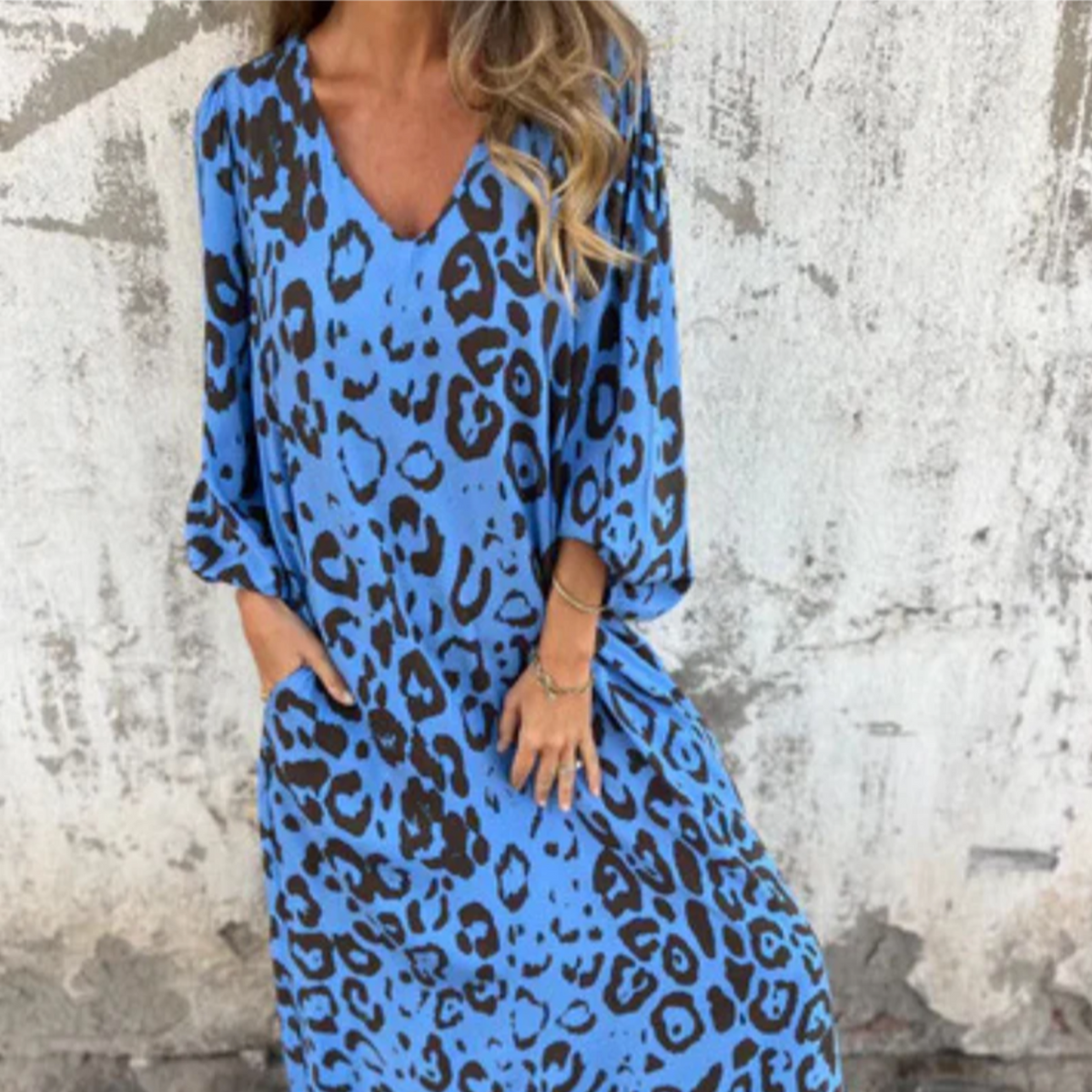 Andreas | Effortless Printed Long Sleeve V Neck Dress with Sleeved Elastic Cuffs