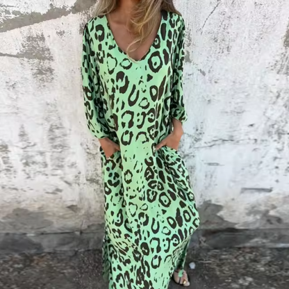 Andreas | Effortless Printed Long Sleeve V Neck Dress with Sleeved Elastic Cuffs