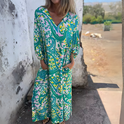 Andreas | Effortless Printed Long Sleeve V Neck Dress with Sleeved Elastic Cuffs