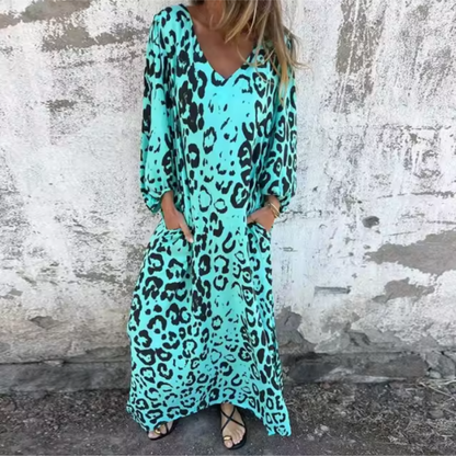 Andreas | Effortless Printed Long Sleeve V Neck Dress with Sleeved Elastic Cuffs