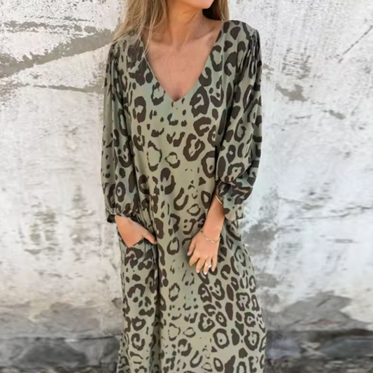 Andreas | Effortless Printed Long Sleeve V Neck Dress with Sleeved Elastic Cuffs