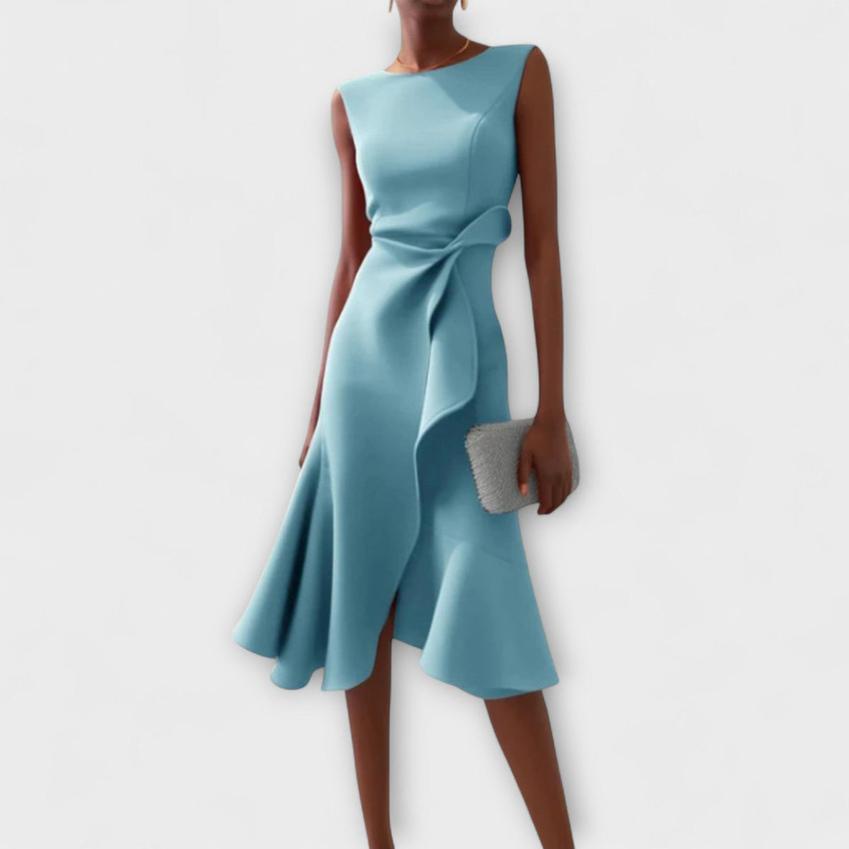 Sheila | Elegant Asymmetric Draped Midi Dress with Sleeveless Cut