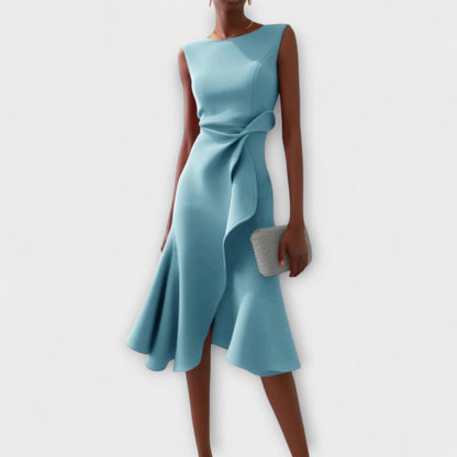 Sheila | Elegant Asymmetric Draped Midi Dress with Sleeveless Cut