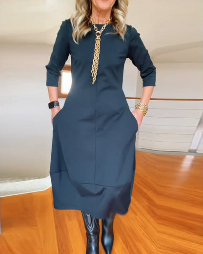 Seraphina | Elegant Slim Fit Work Midi Dress with Full-Length Drape and Sleeves