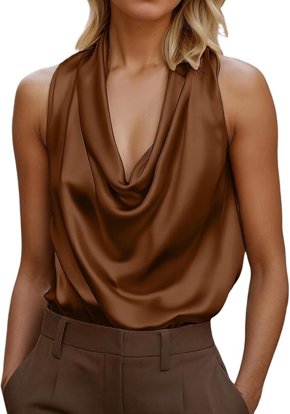 Hannah | Elegant Comfy Cowl Neck Sleeveless Silk Blend Blouse for Everyday